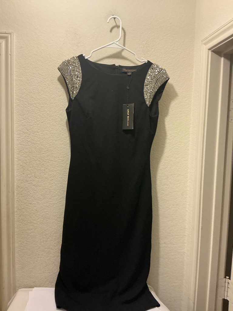 Nwt Emily Shalant Black Midi Dress Embellished Beaded Cap Sleeves Size 2 $750